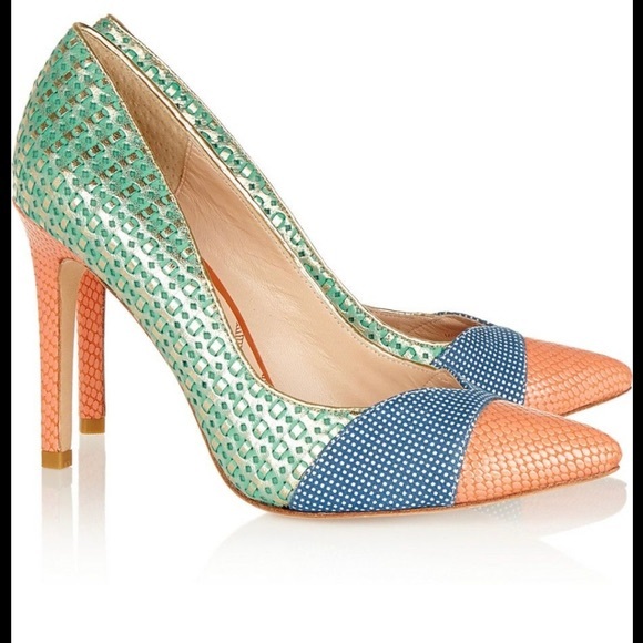 Lucy Choi Shoes - Lucy Choi London “Cupid” High Heels Orange Green Blue Lizard Size 36 / 6